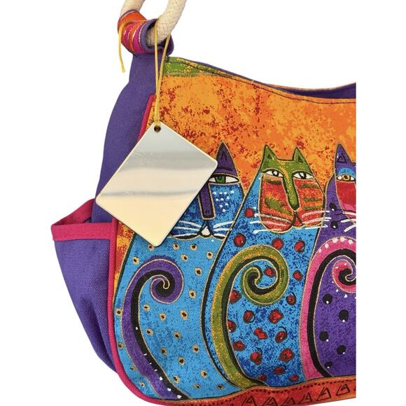 Laurel Burch Fantasticats Purse Shoulder Bag 6 Cats Zip Canvas Wood Bag Charm - Picture 4 of 15